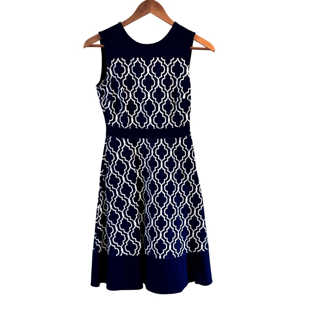 Lands End Fit and Flare Dress 0P Navy Blue White Geometric Trellis Nautical